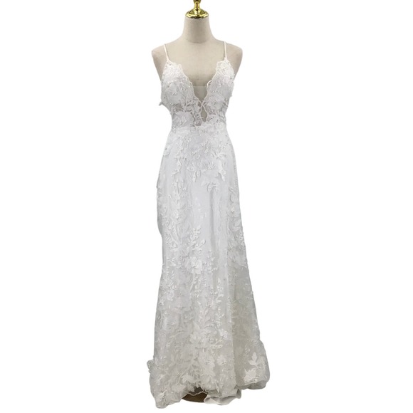 LULU'S SZ 8 Ivory Enchanting Eternity Pearl Lace-Up Backless Maxi Dress b67 flaw - Picture 2 of 11